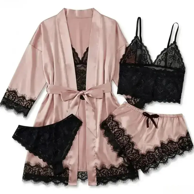 Bathrobe - Damen-Schlafanzug-Set aus Satin, bestehend aus vier